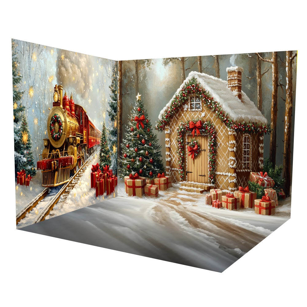Professional Christmas Backdrops Festive Train Cottage Backdrop Room Set UK TWW6-105