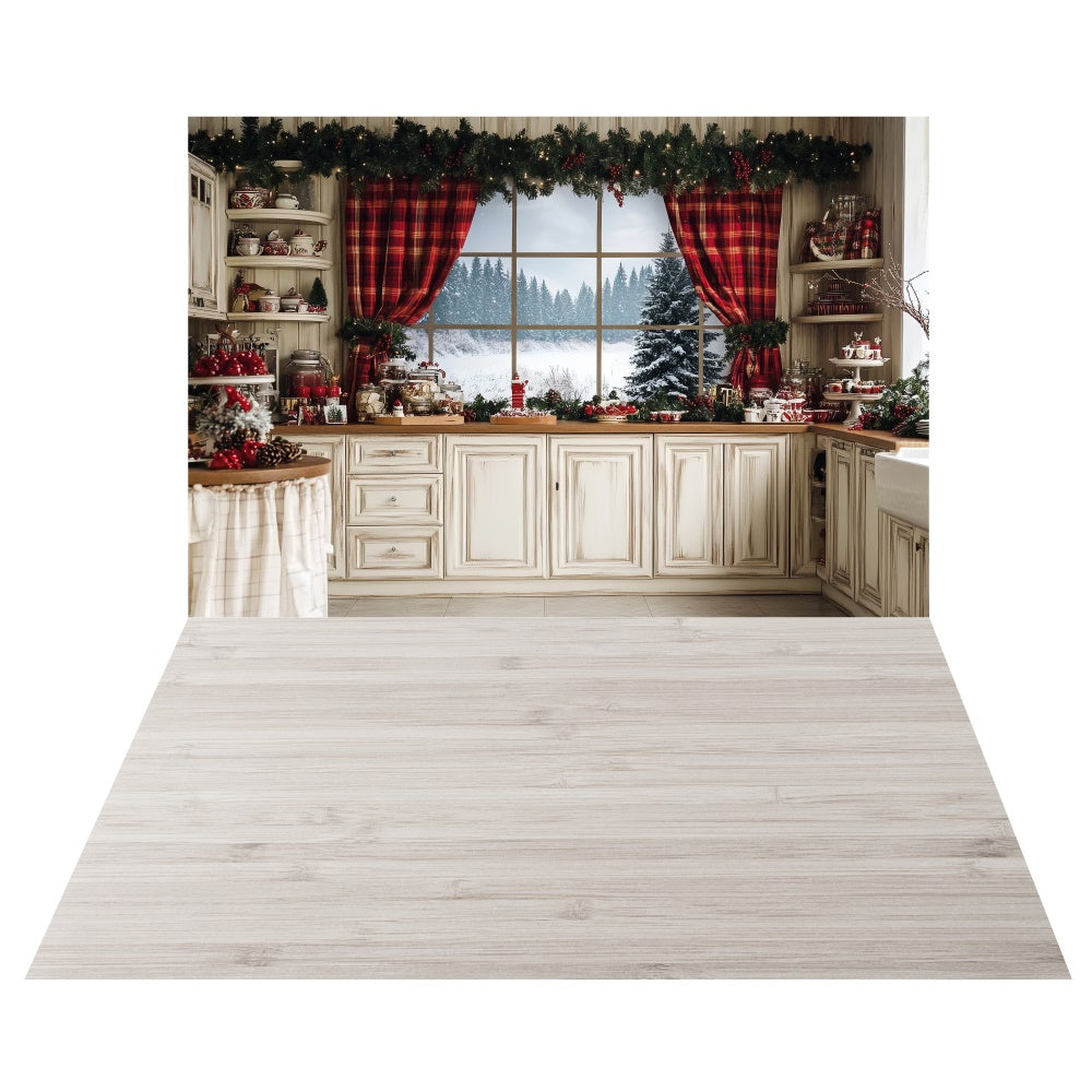 Holiday Kitchen Window Backdrop+Light Wood Floor Backdrop UK TWW6-110
