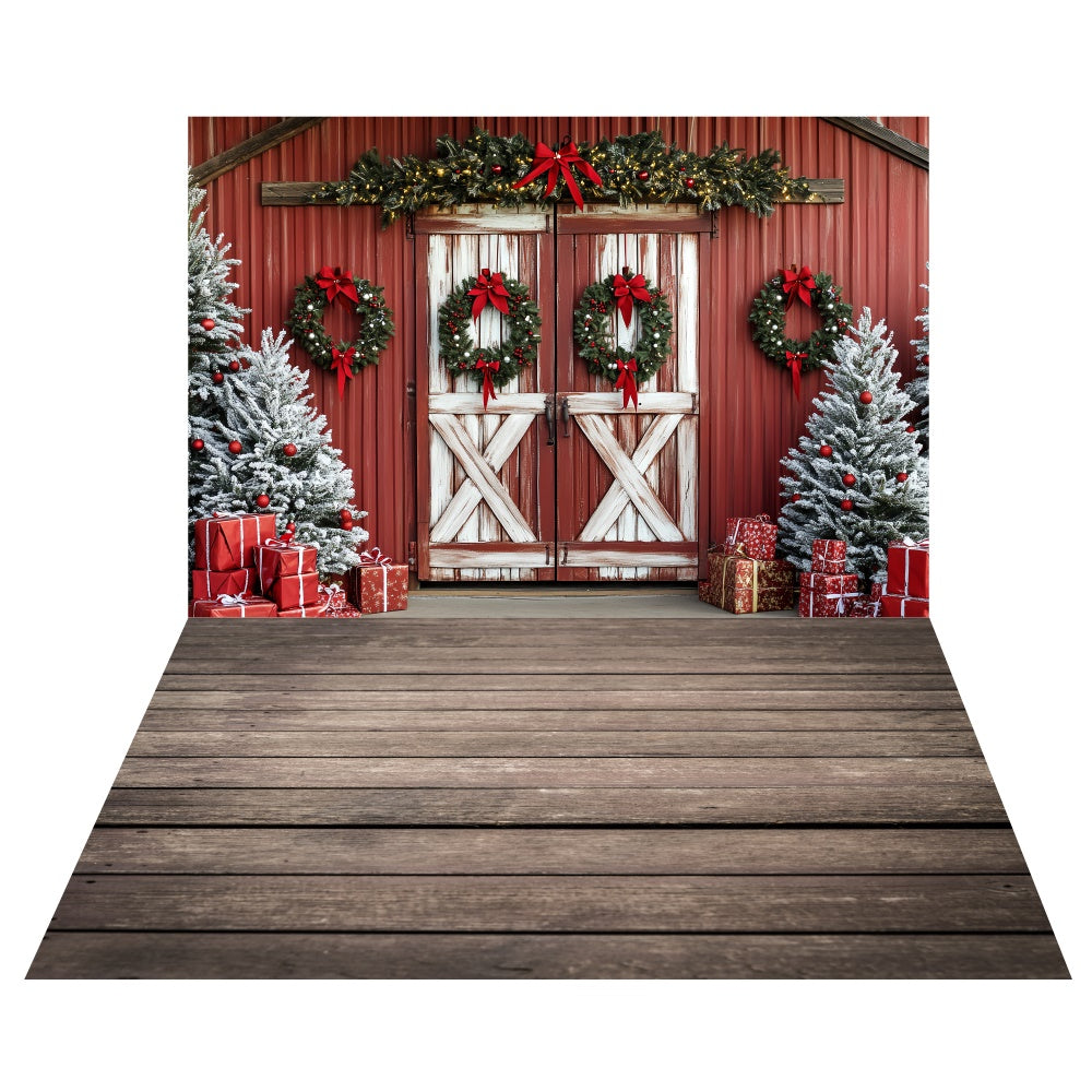 Red Barn Christmas Backdrop+Wooden Plank Floor Backdrop UK TWW6-114
