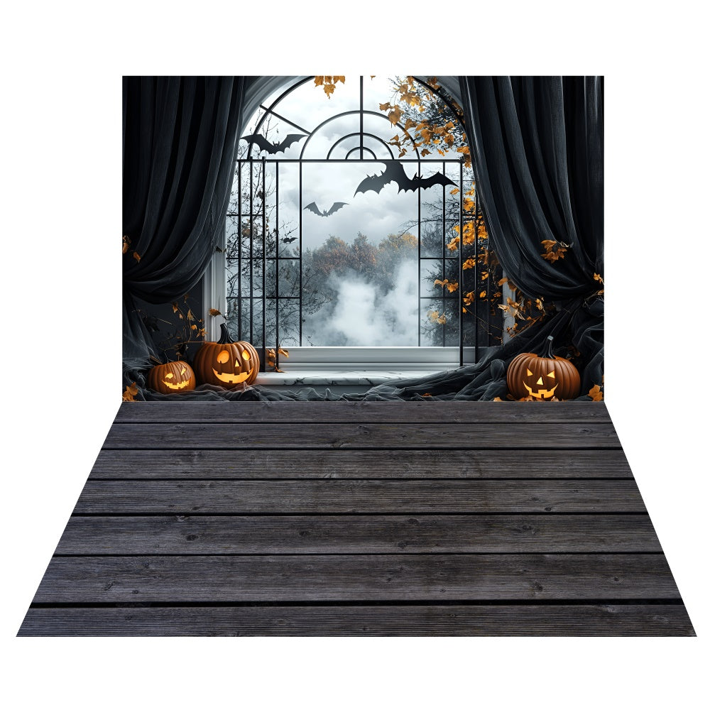 Bats Pumpkins Window Backdrop+Rustic Dark Floor Backdrop UK TWW6-126
