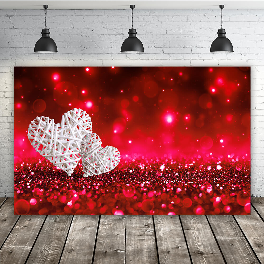 Valentine's Day Backdrop Photography Red Glitter Background White Hearts Love Theme VAT-40