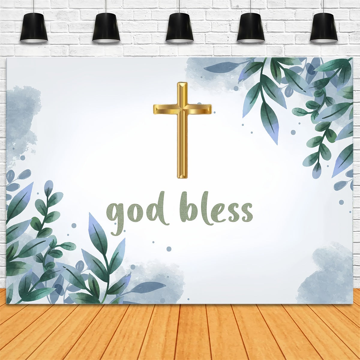 Baptism Backdrop Watercolor Greenery Gold Cross Backdrop UK XY2-113