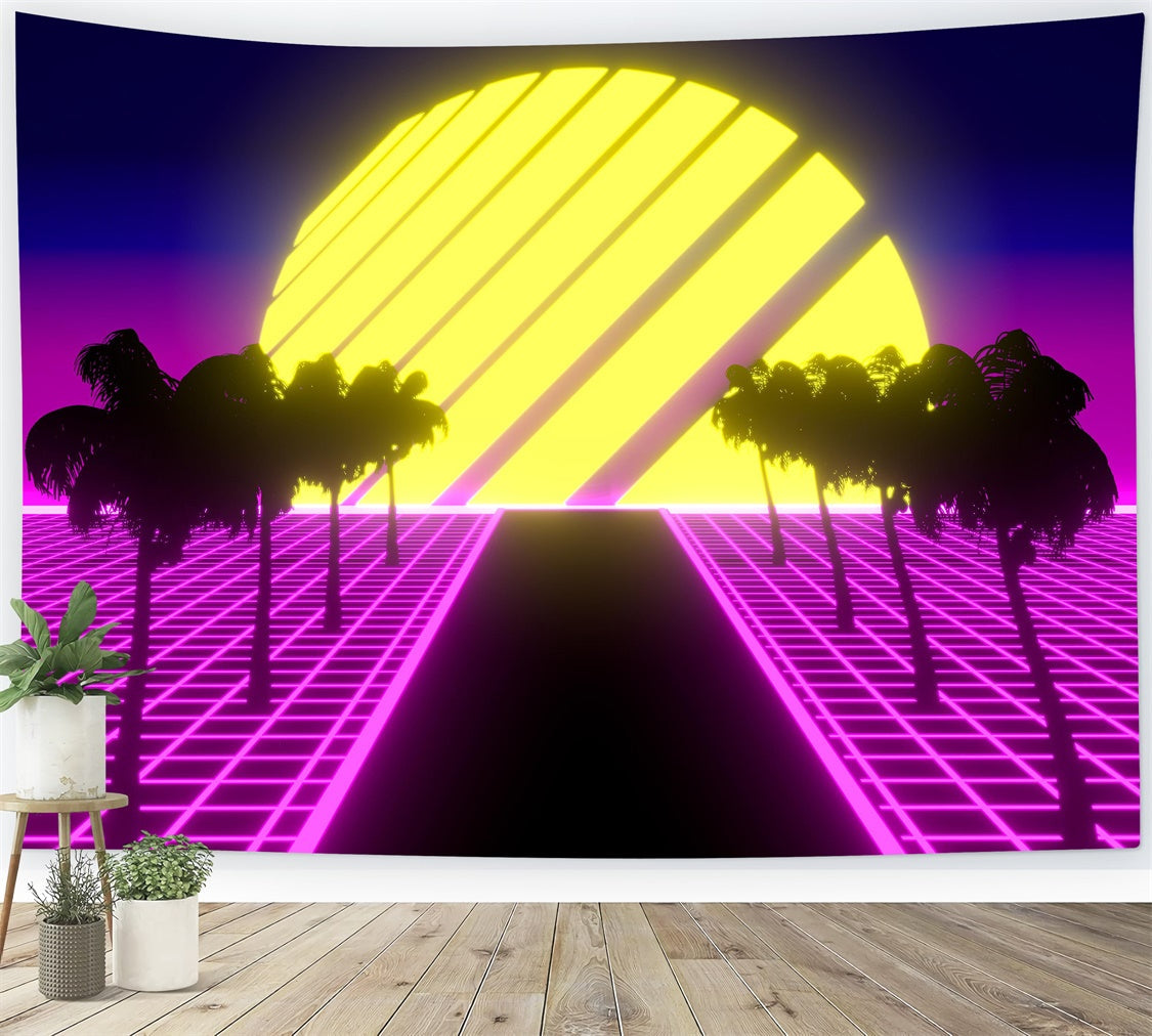 Dance Photo Backdrop Neon Glow Palm Tree Road Backdrop UK XY2-122