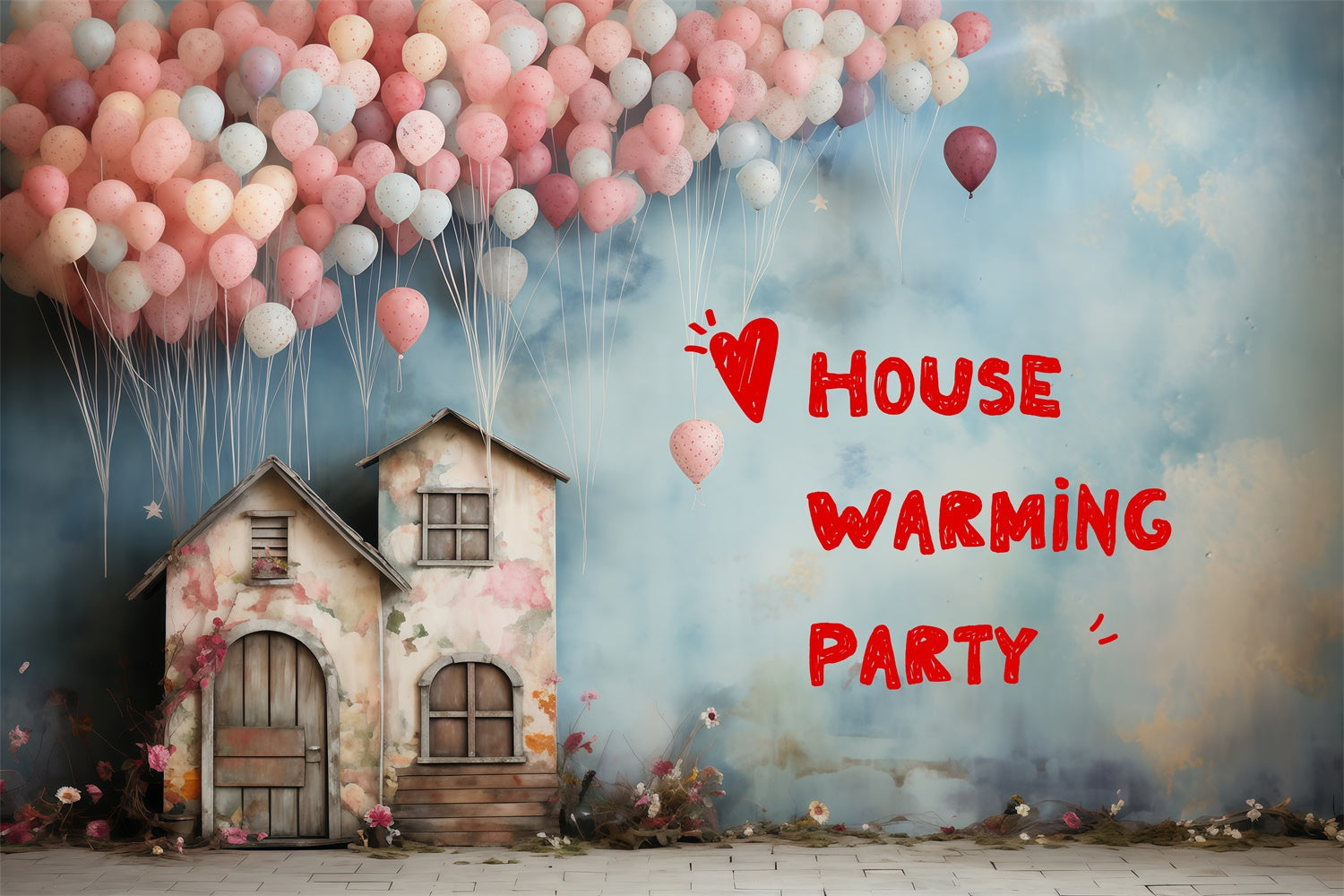 Housewarming Backdrop Dreamy Pastel Balloon Cottage Backdrop UK XY2-128