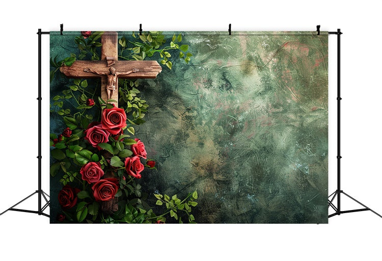 Memorial Backdrop Ideas Vintage Cross Red Roses Backdrop UK XY2-146