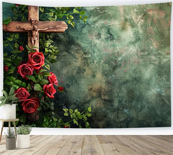 Memorial Backdrop Ideas Vintage Cross Red Roses Backdrop UK XY2-146