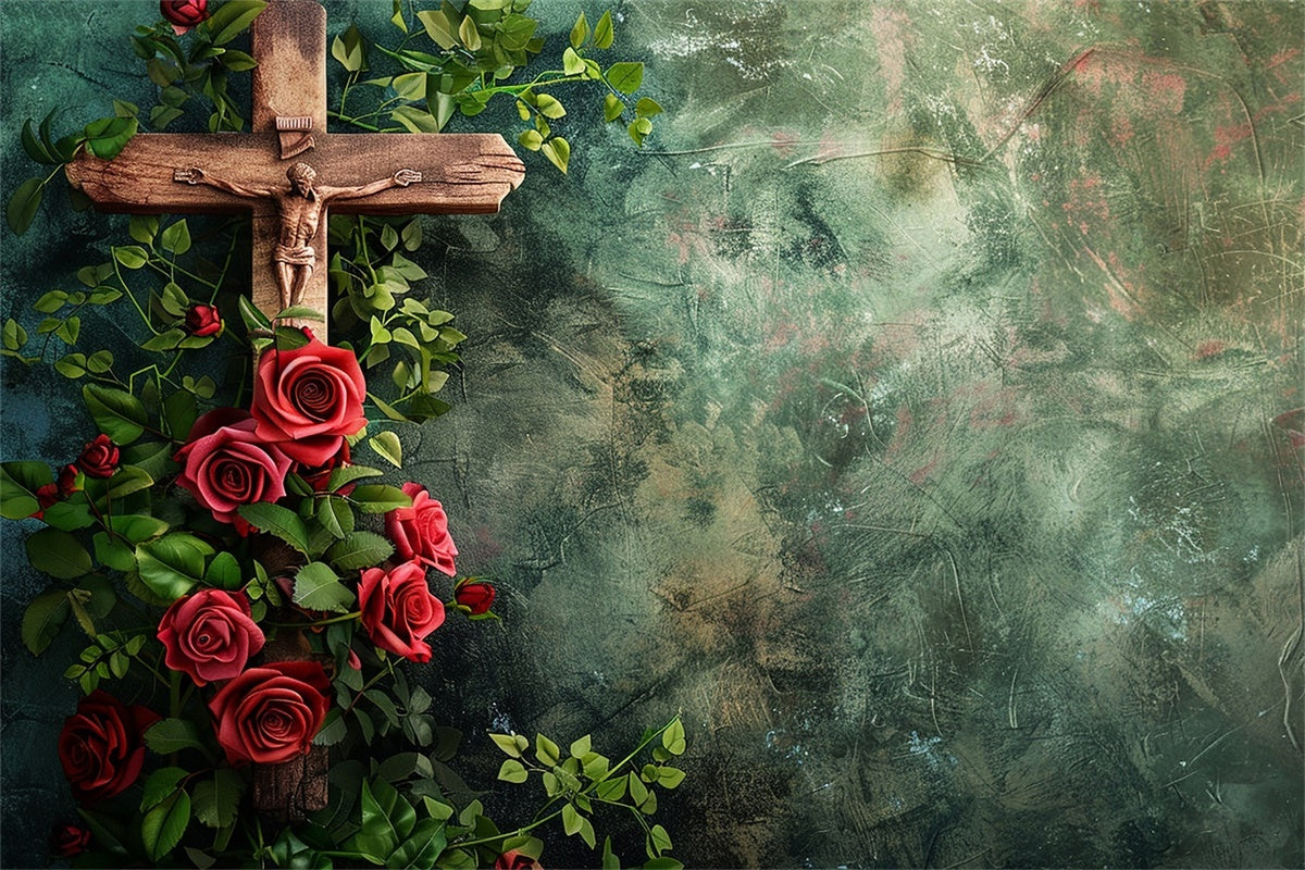 Memorial Backdrop Ideas Vintage Cross Red Roses Backdrop UK XY2-146