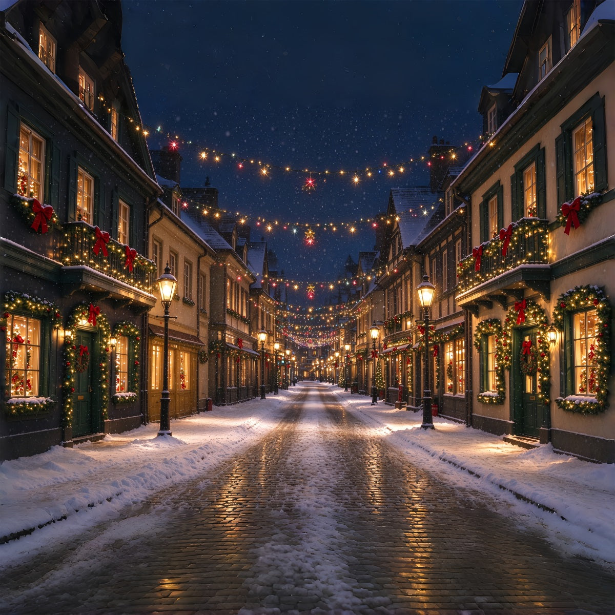 Christmas Village Backdrops Illuminated Snowy Street Photography Christmas Backdrops UK ZTT610-14
