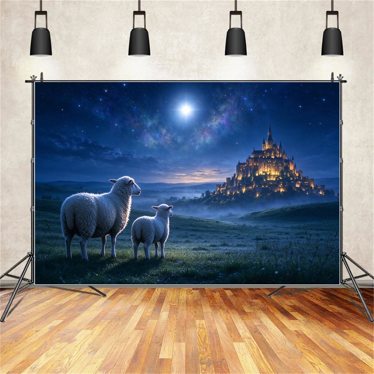 Nativity Scene Backdrop Moonlit Castle Sheep Meadow Christmas Backdrop Photography UK ZTT610-15