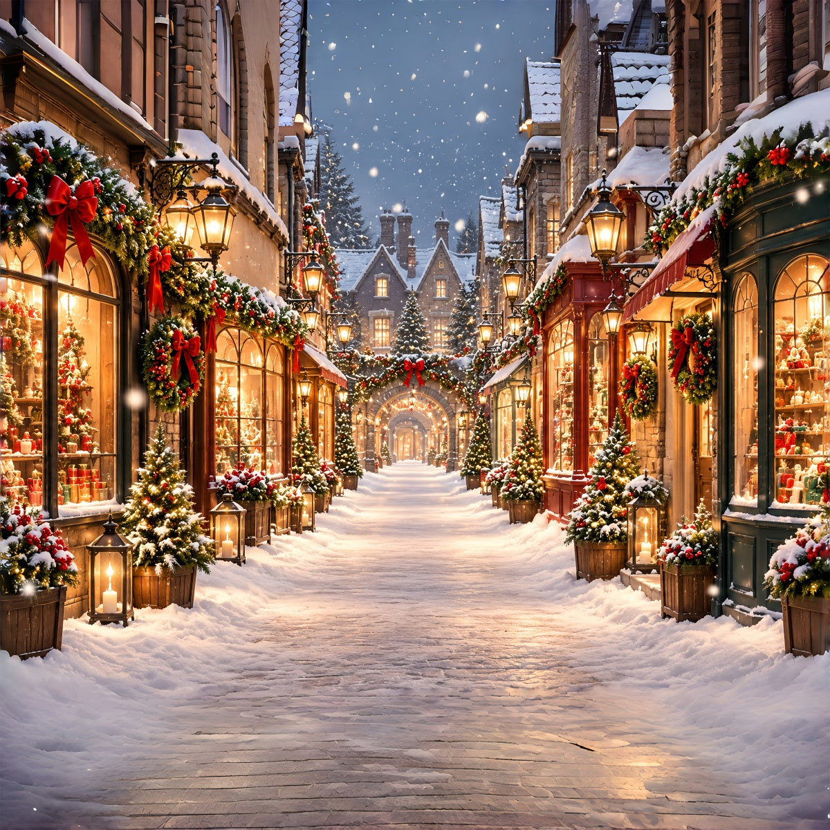 Christmas Village Backdrops Snowy Illuminated Shopping Street Christmas Street Backdrop UK ZTT610-23