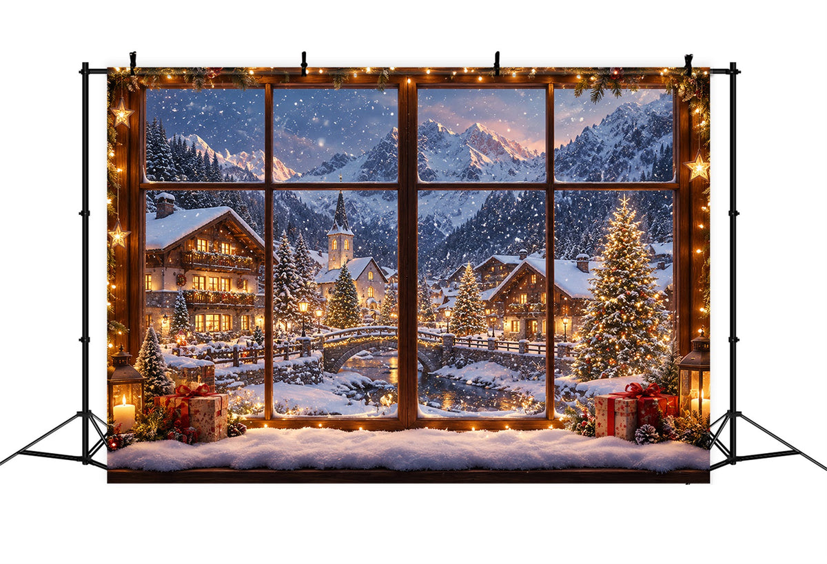 Winter Christmas Backdrop Snowy Alpine House Window Christmas Village Backdrops UK ZTT610-27