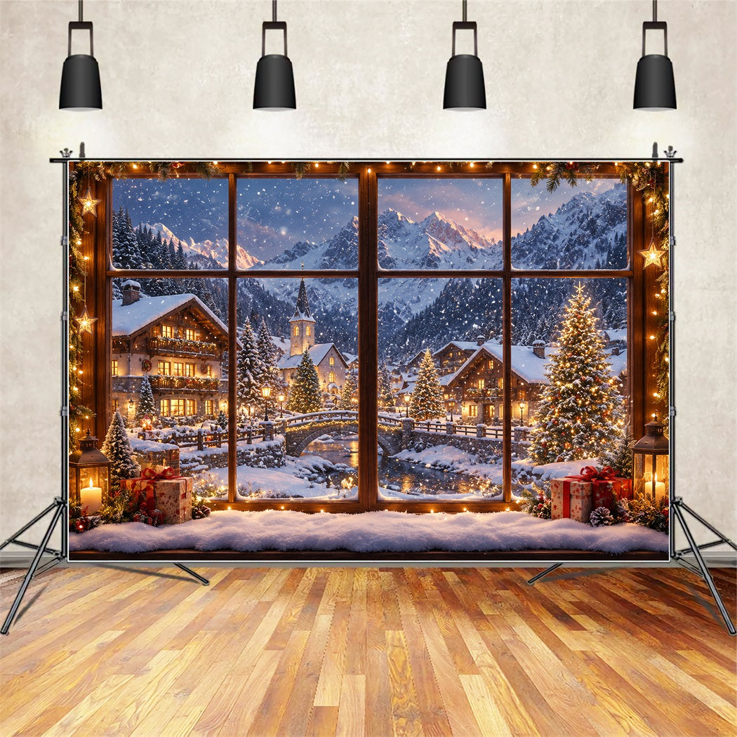 Winter Christmas Backdrop Snowy Alpine House Window Christmas Village Backdrops UK ZTT610-27