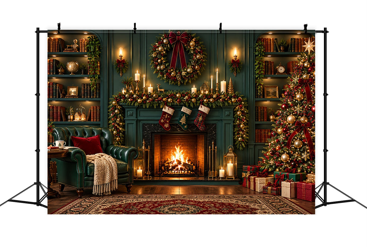 Christmas Fireplace Backdrops Vintage Emerald Library Stockings Christmas Scene Backdrop UK ZTT610-30