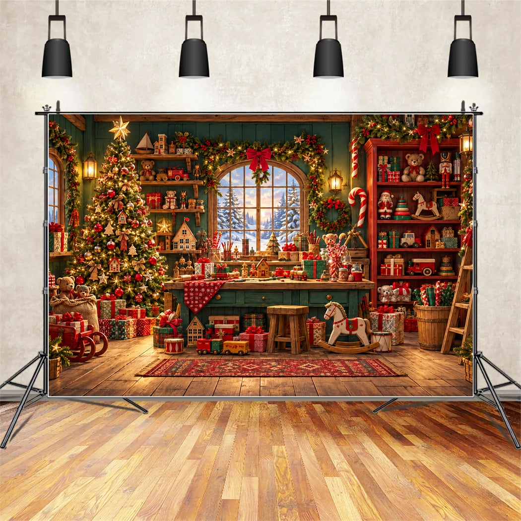 Santa Backdrop Rustic Cabin Toy Workshop Christmas Backdrop UK ZTT610-32