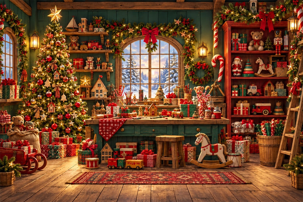 Santa Backdrop Rustic Cabin Toy Workshop Christmas Backdrop UK ZTT610-32