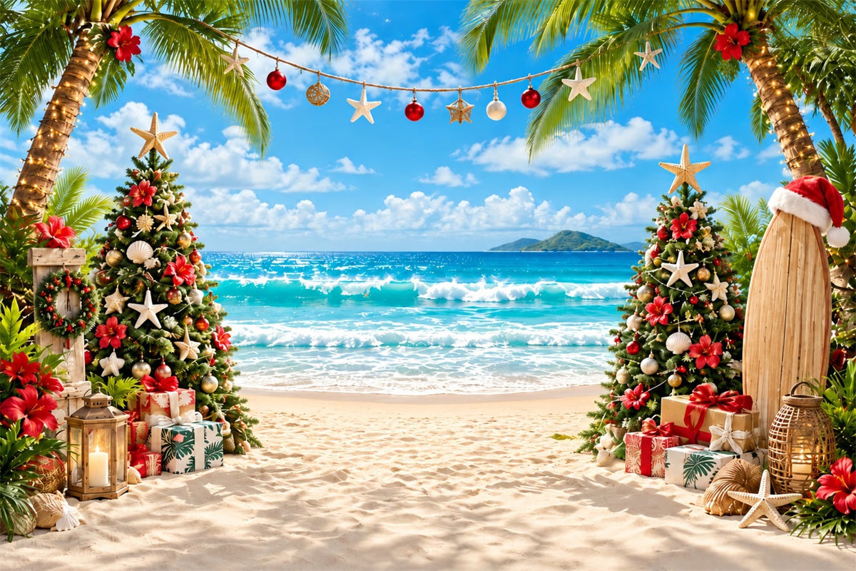 Tropical Christmas Backdrop Sea Beach Surfboard Tree Christmas Backdrops for Photos UK ZTT610-37