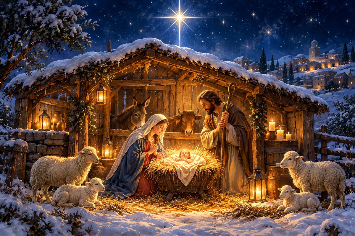 Nativity Scene Backdrop Starry Bethlehem Manger Stable Christmas Photo Backdrops UK ZTT610-4