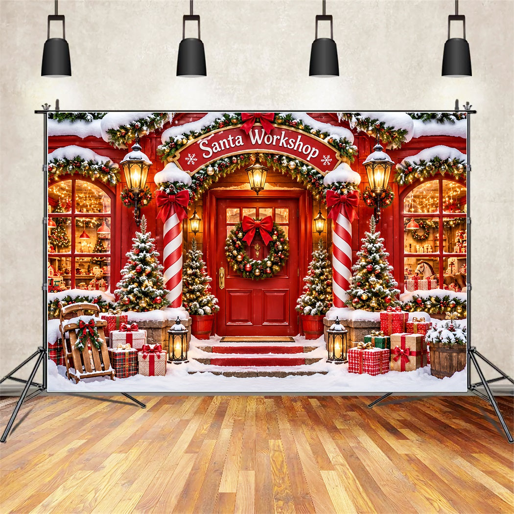 Santa's Workshop Backdrop Snowy Holiday House Entrance Christmas Red Backdrop UK ZTT610-40