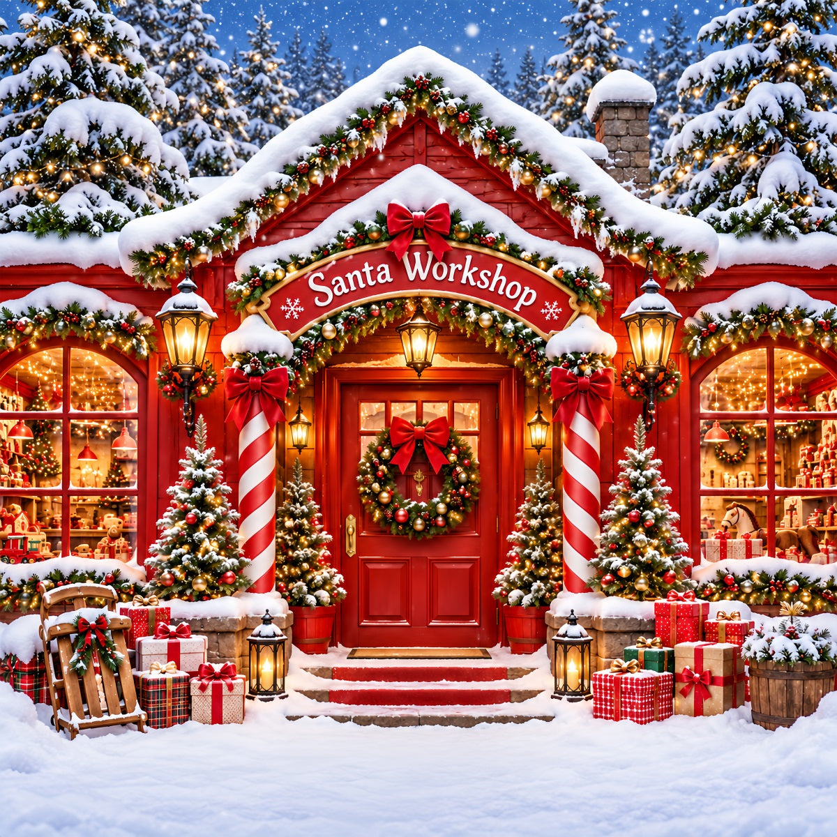 Santa's Workshop Backdrop Snowy Holiday House Entrance Christmas Red Backdrop UK ZTT610-40