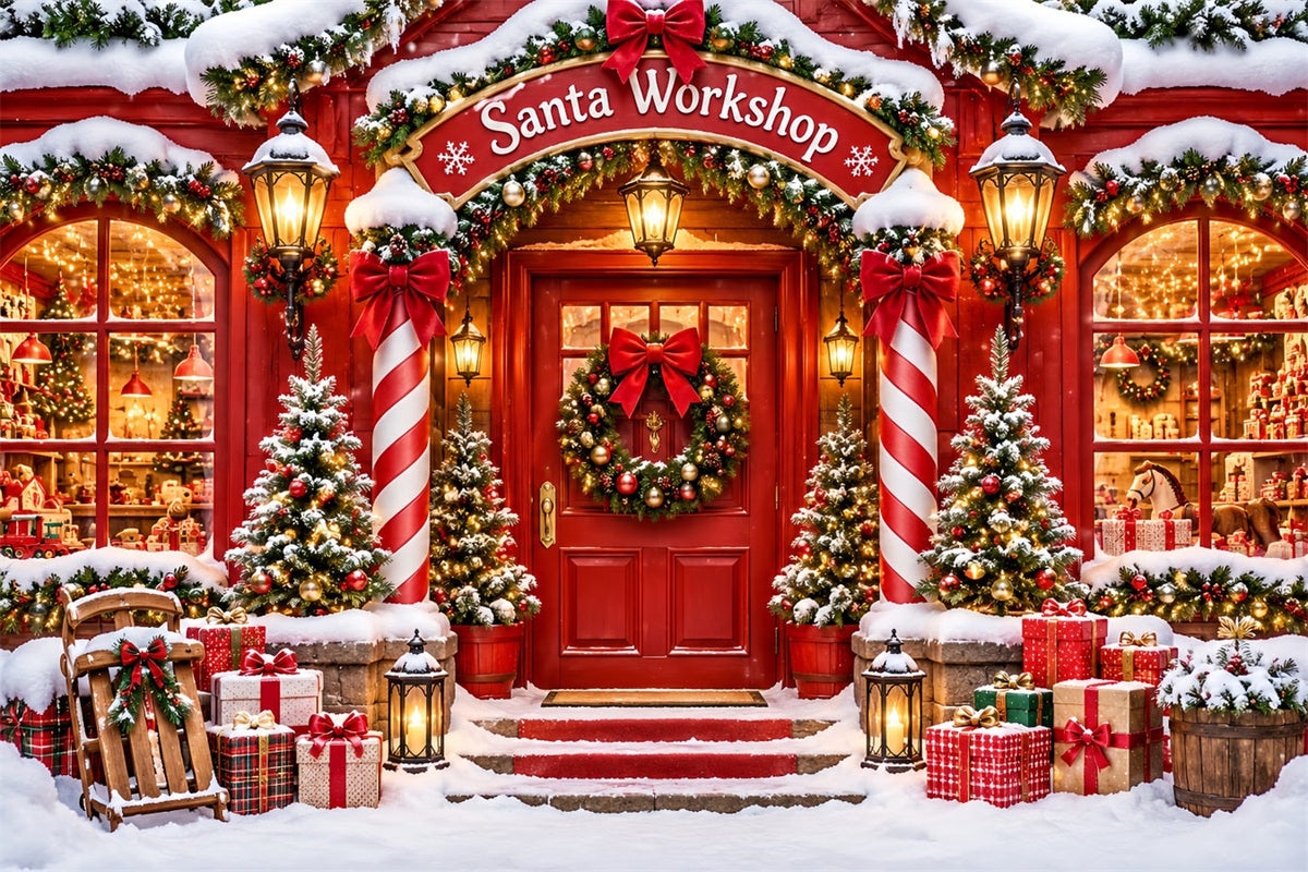 Santa's Workshop Backdrop Snowy Holiday House Entrance Christmas Red Backdrop UK ZTT610-40
