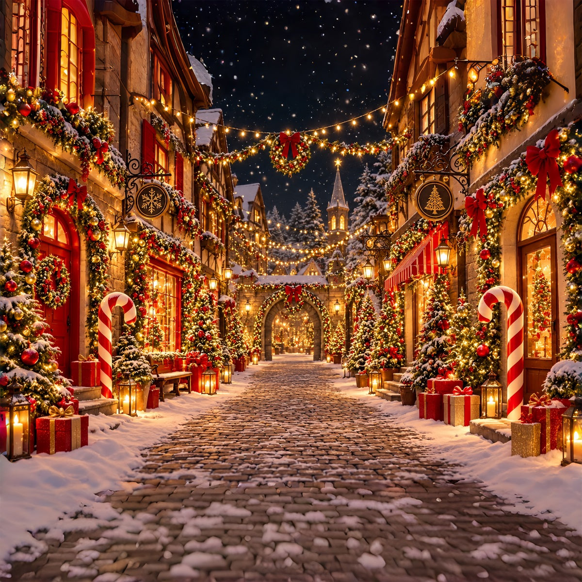 Christmas Village Backdrops Snowy Cobblestone Street Photography Christmas Backdrops UK ZTT610-44