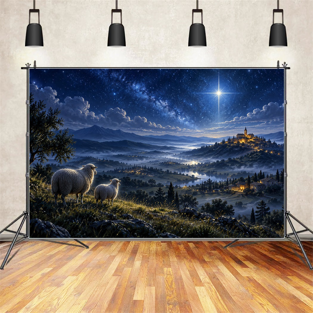 Nativity Scene Backdrop Starry Bethlehem Hillside Sheep Christmas Backdrop Photography UK ZTT610-45