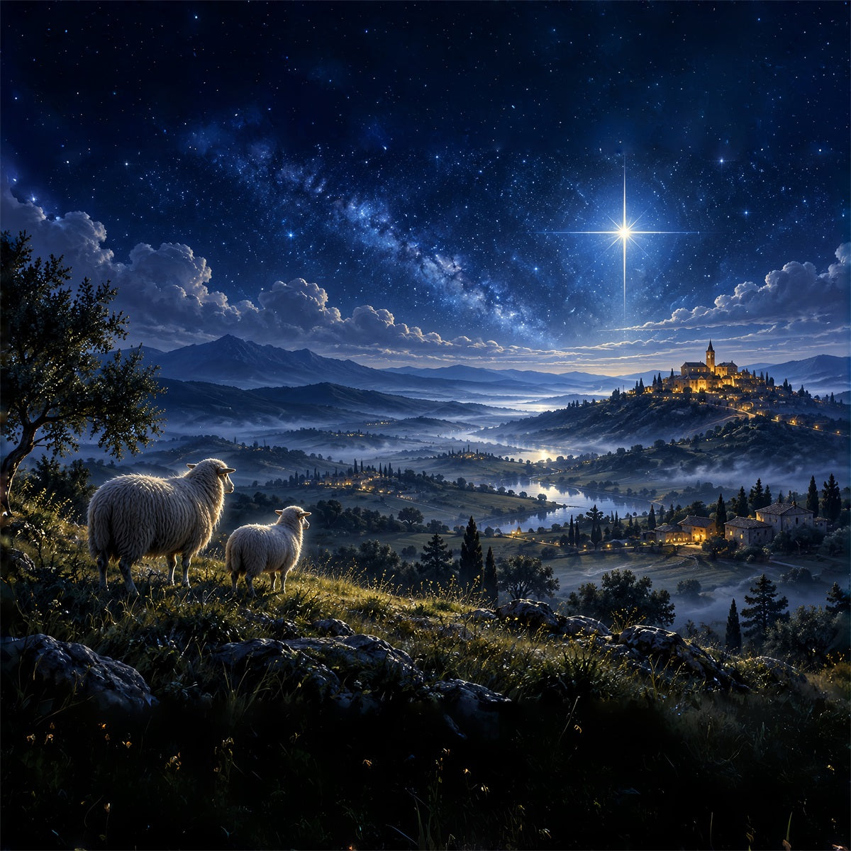 Nativity Scene Backdrop Starry Bethlehem Hillside Sheep Christmas Backdrop Photography UK ZTT610-45