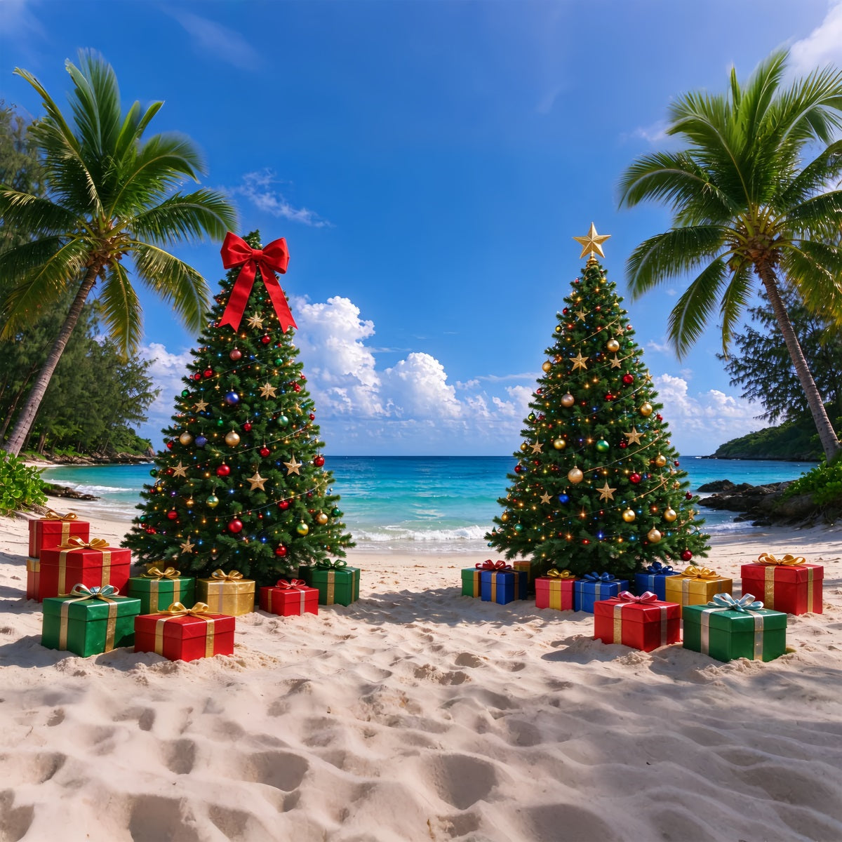 Tropical Christmas Backdrop Holiday Beach Decorated Trees Christmas Backdrops for Photos UK ZTT610-7