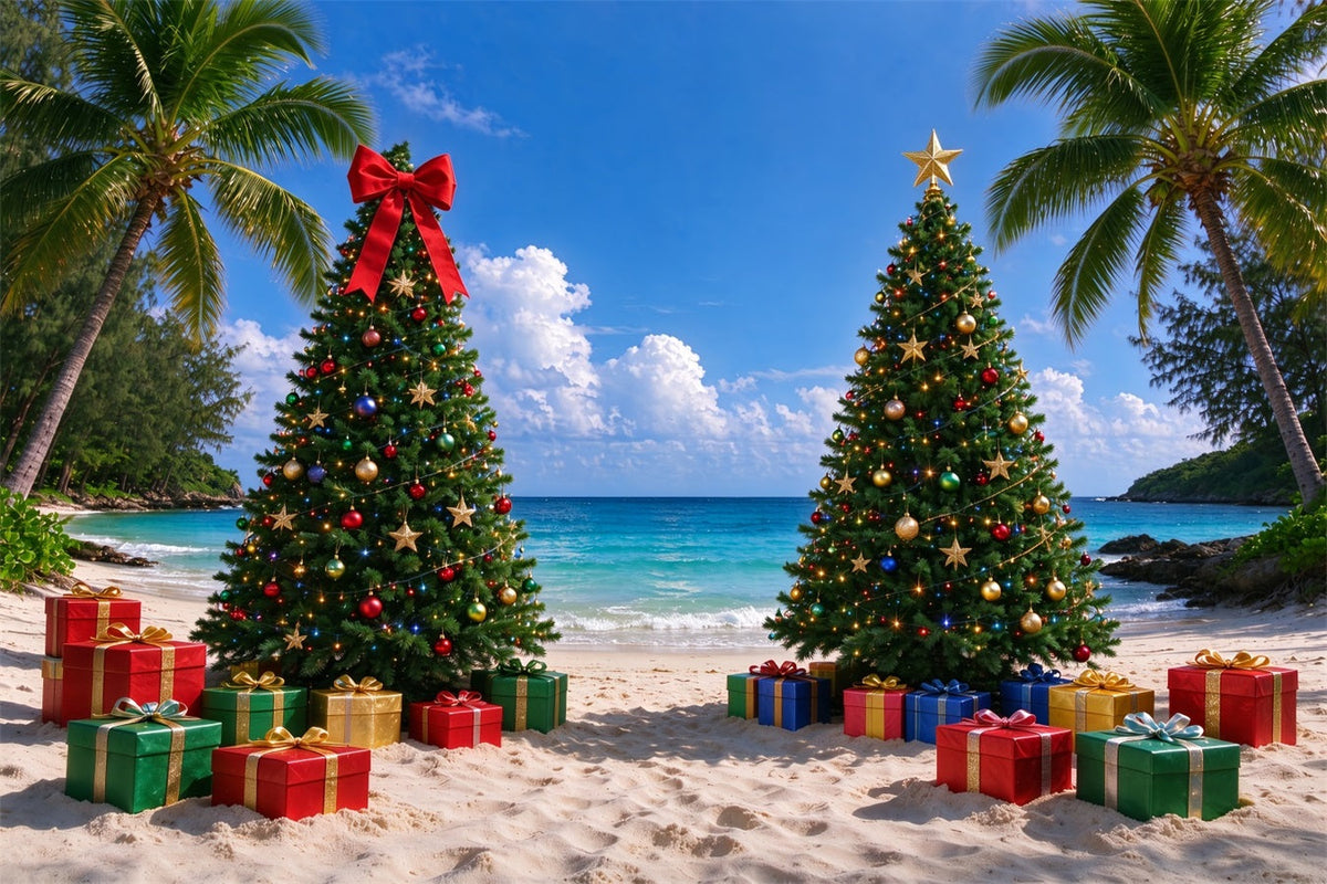 Tropical Christmas Backdrop Holiday Beach Decorated Trees Christmas Backdrops for Photos UK ZTT610-7