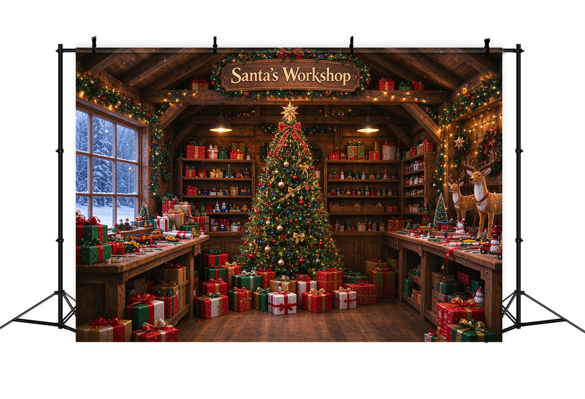 Santa Workshop Backdrop Rustic Toymaking Workshop Interior Christmas Backdrops for Photography UK ZTT610-9