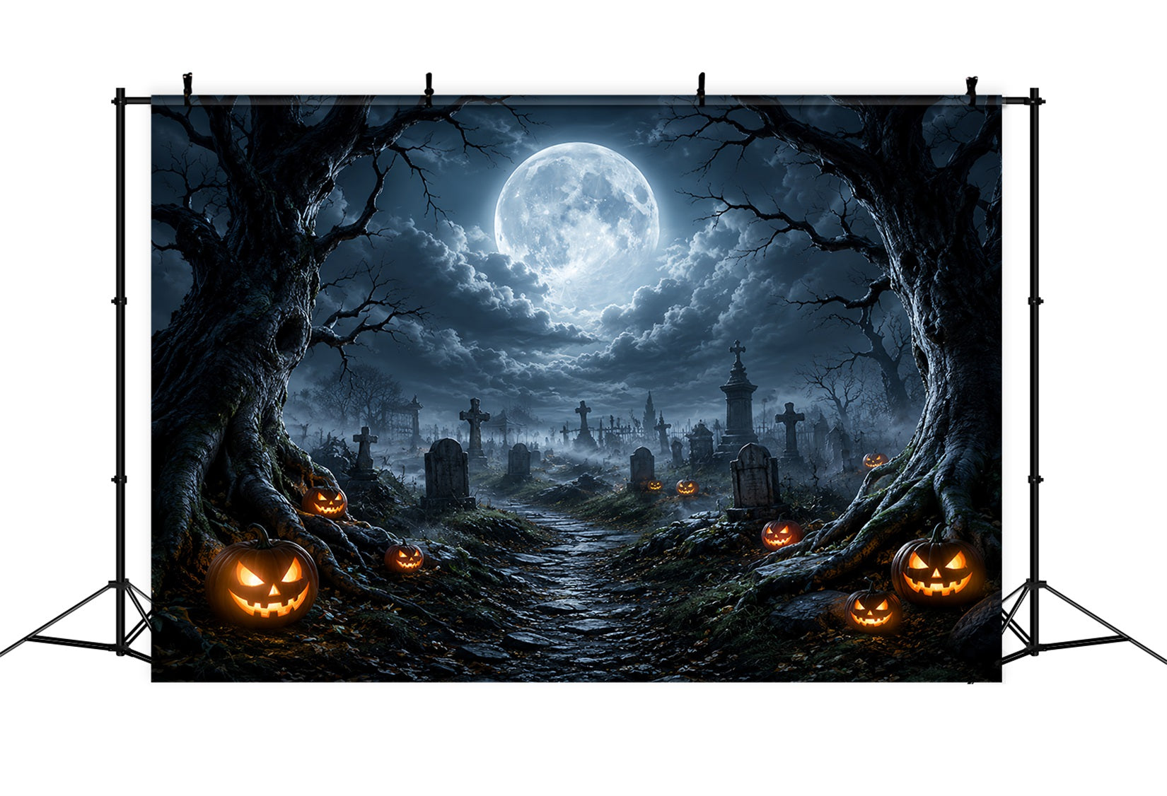 Halloween Cloth Backdrop Moonlit Pumpkin Cemetery Path Graveyard Halloween Backdrops UK ZTT67-13