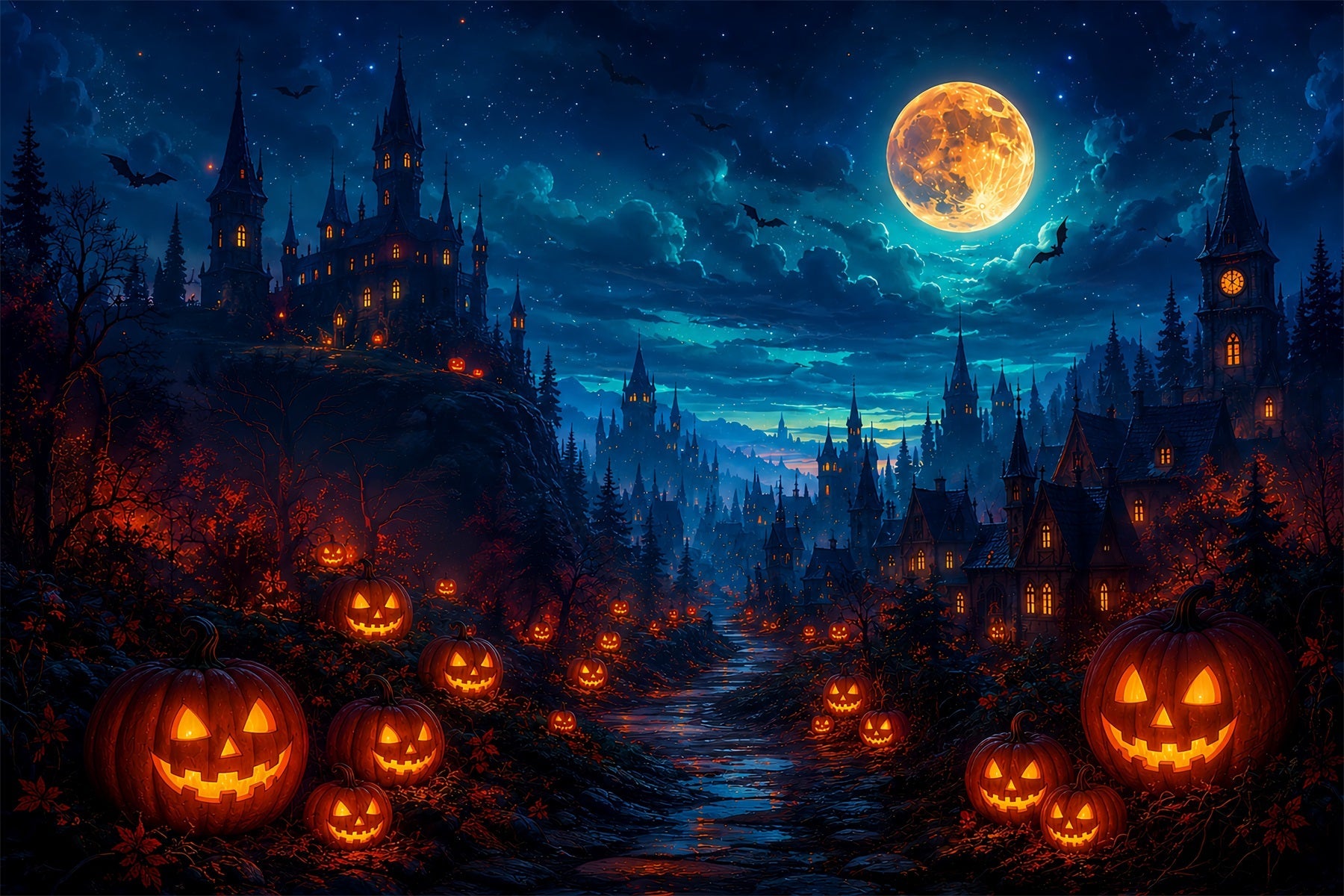 Halloween Party Photo Backdrop Ideas Glowing Pumpkin Castle Valley Creepy Halloween Backdrop UK ZTT67-15
