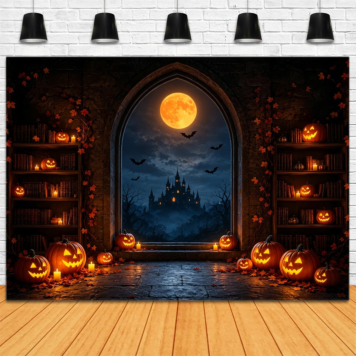 Halloween Moon Backdrop Pumpkin Library Castle Window Halloween Photo Backdrops UK ZTT67-28