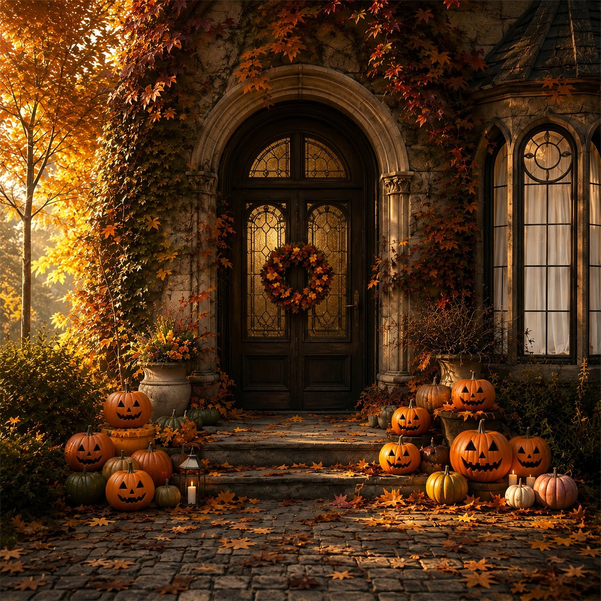 Halloween Outdoor Backdrop Autumn Pumpkin Manor Porch Halloween Backdrops For Photos UK ZTT67-31