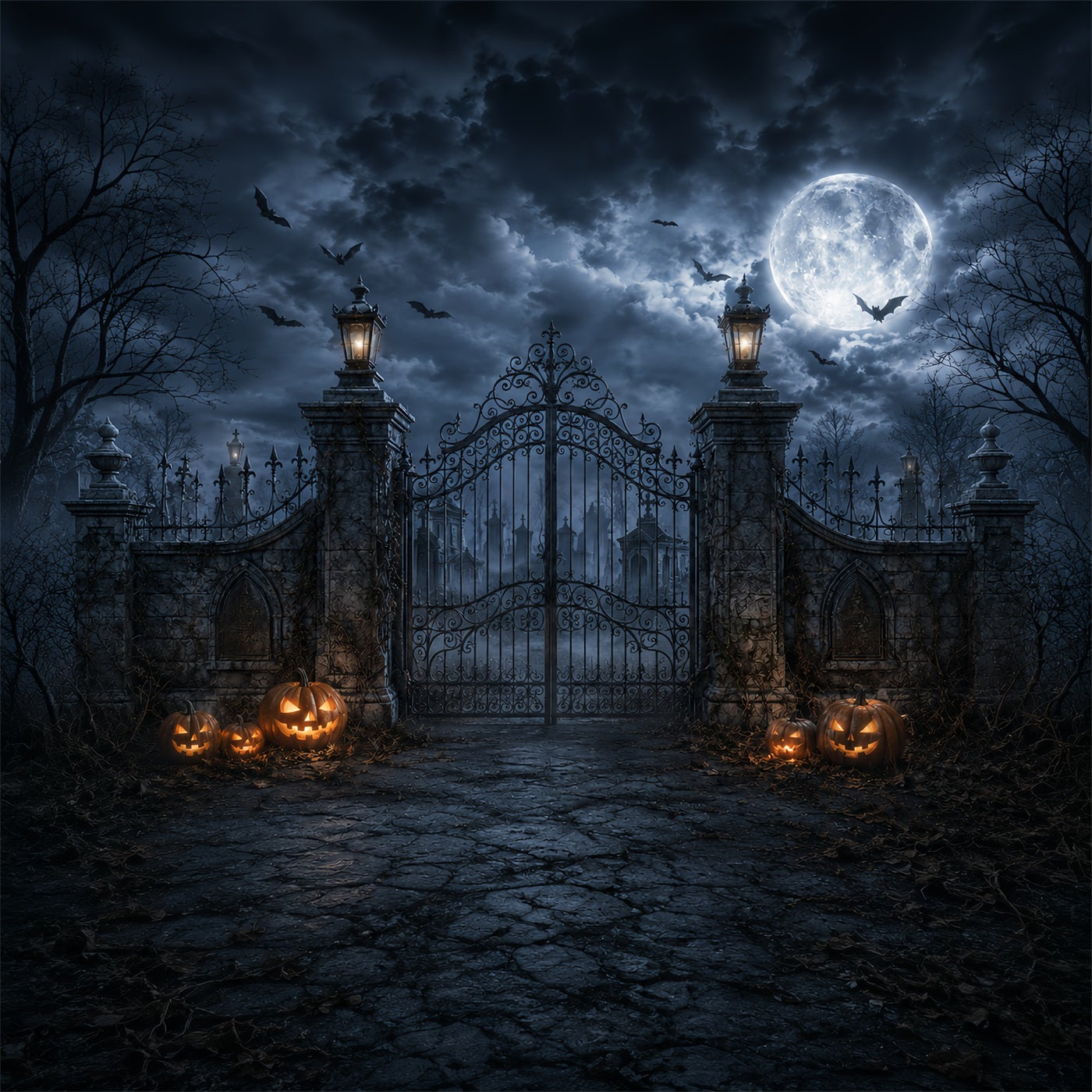 Photo Booth Halloween Backdrop Ideas Moonlit Pumpkin Cemetery Gate Halloween Picture Backdrop UK ZTT67-35