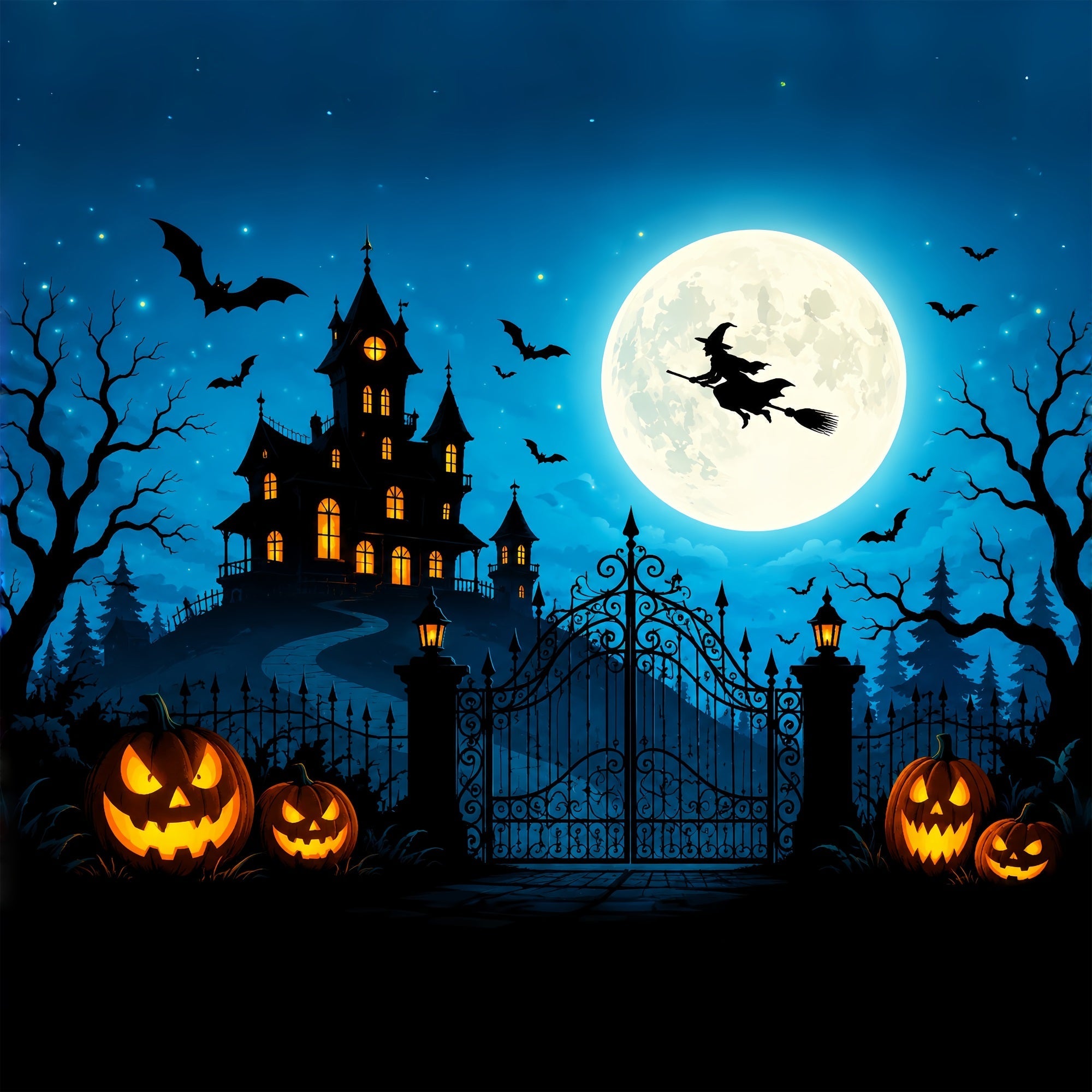 Halloween Castle Backdrop Flying Witch Pumpkin Gateway Large Halloween Backdrop UK ZTT67-36