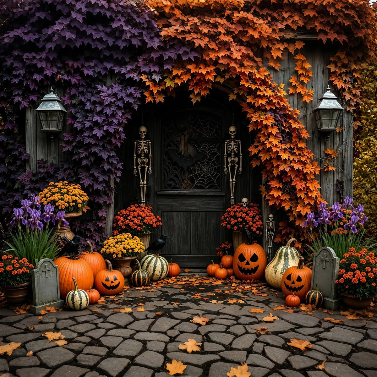 Fall Halloween Backdrop Skeleton Pumpkin Floral Doorway Scary Halloween Backdrops UK ZTT67-37