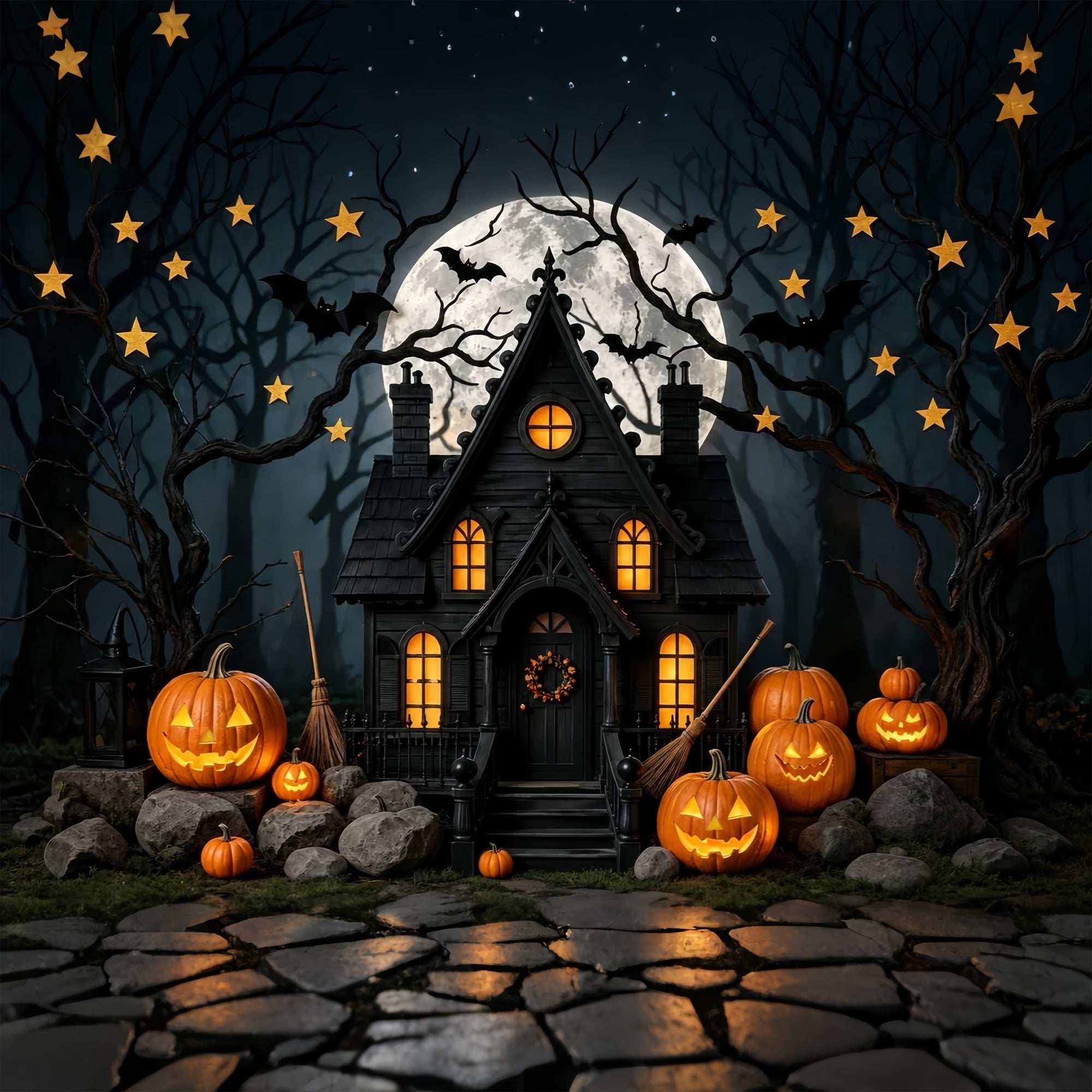 Halloween Backdrop For Photo Booth Moonlit Pumpkin Haunted Cottage Cute Halloween Backdrop UK ZTT67-43