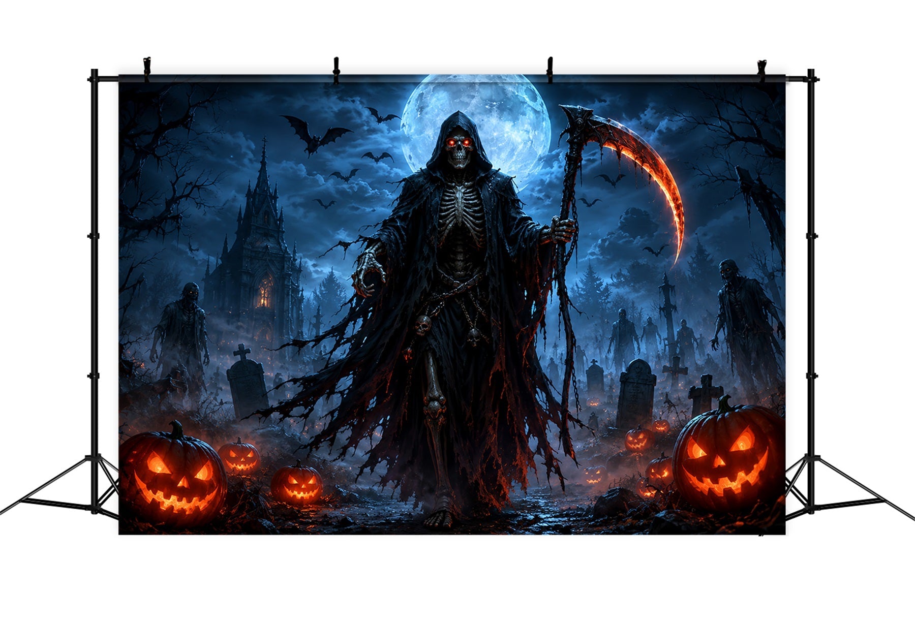 Halloween Garage Backdrop Moonlit Reaper Pumpkin Graveyard Backdrops For Halloween UK ZTT67-45