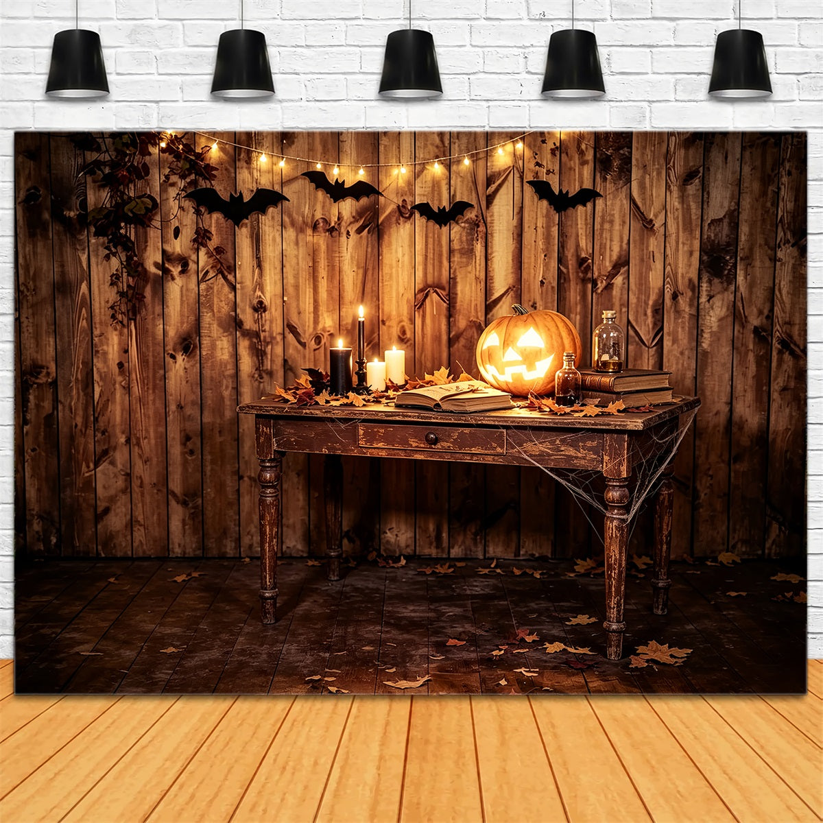 Halloween Picture Backdrops Rustic Pumpkin Candle Table Halloween Birthday Backdrop UK ZTT67-46