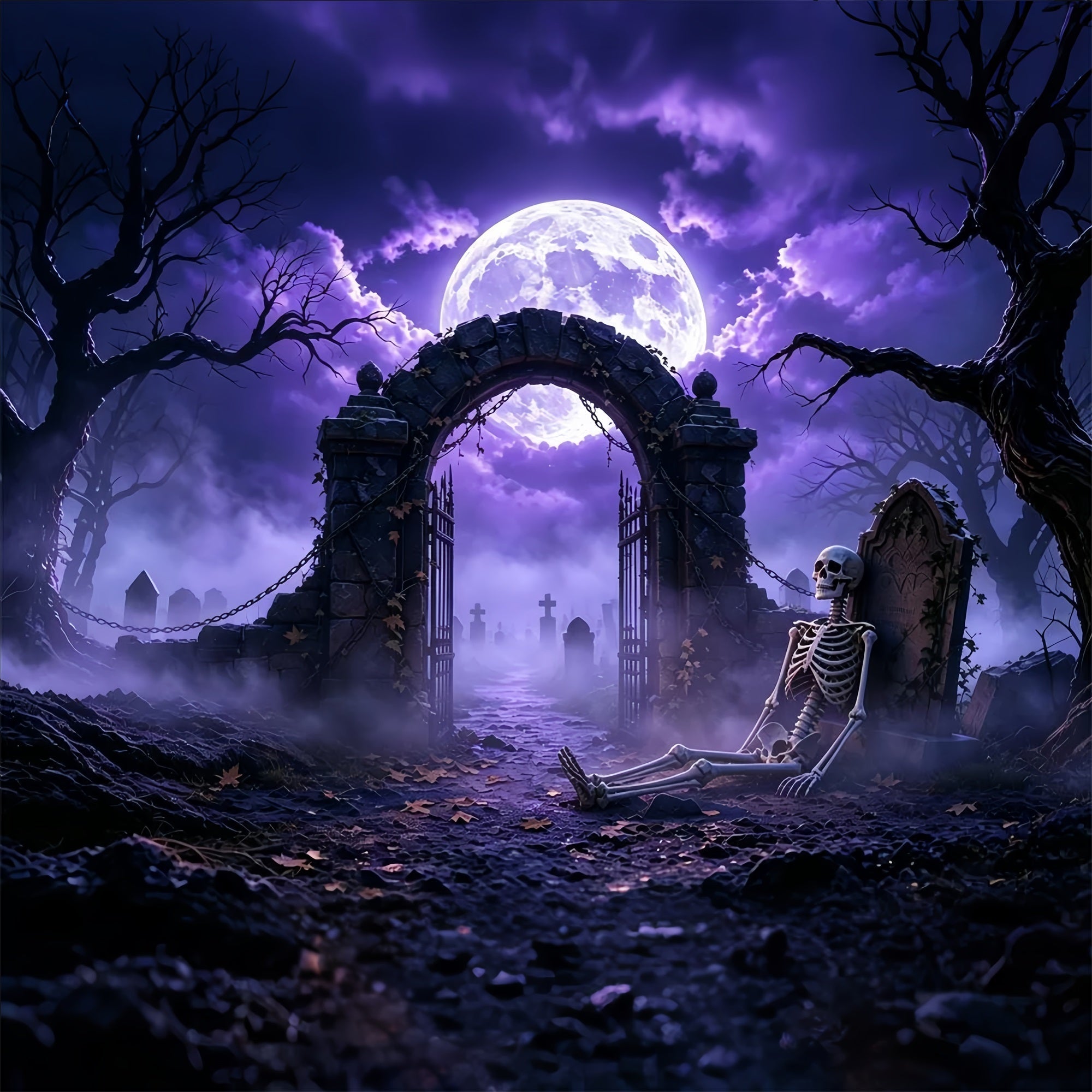 Scary Halloween Backdrop Ideas Purple Moon Skeleton Graveyard Halloween Photoshoot Backdrop UK ZTT67-48