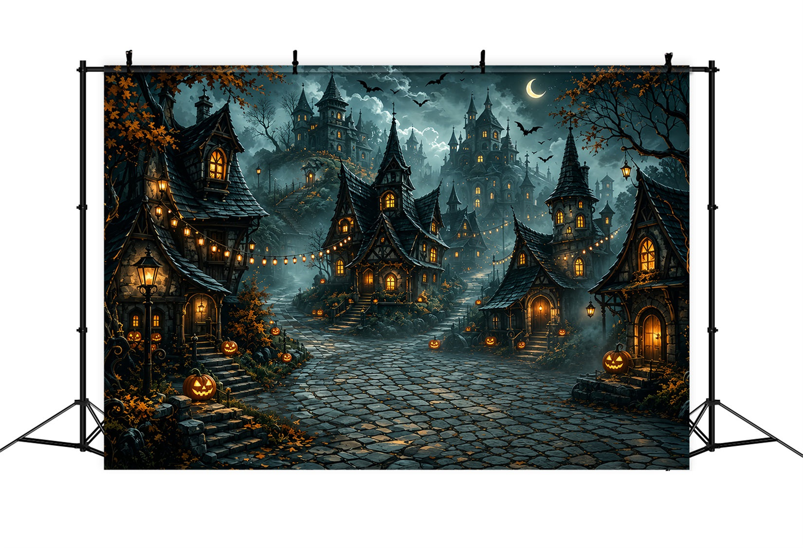 Fabric Halloween Backdrop Crescent Moon Pumpkin Village Halloween Backdrop For Pictures UK ZTT67-49