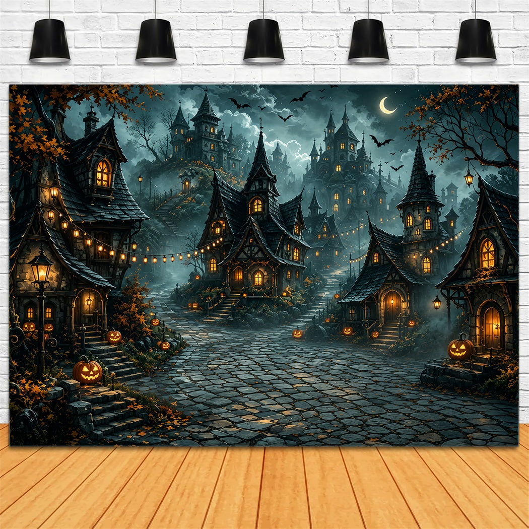 Fabric Halloween Backdrop Crescent Moon Pumpkin Village Halloween Backdrop For Pictures UK ZTT67-49