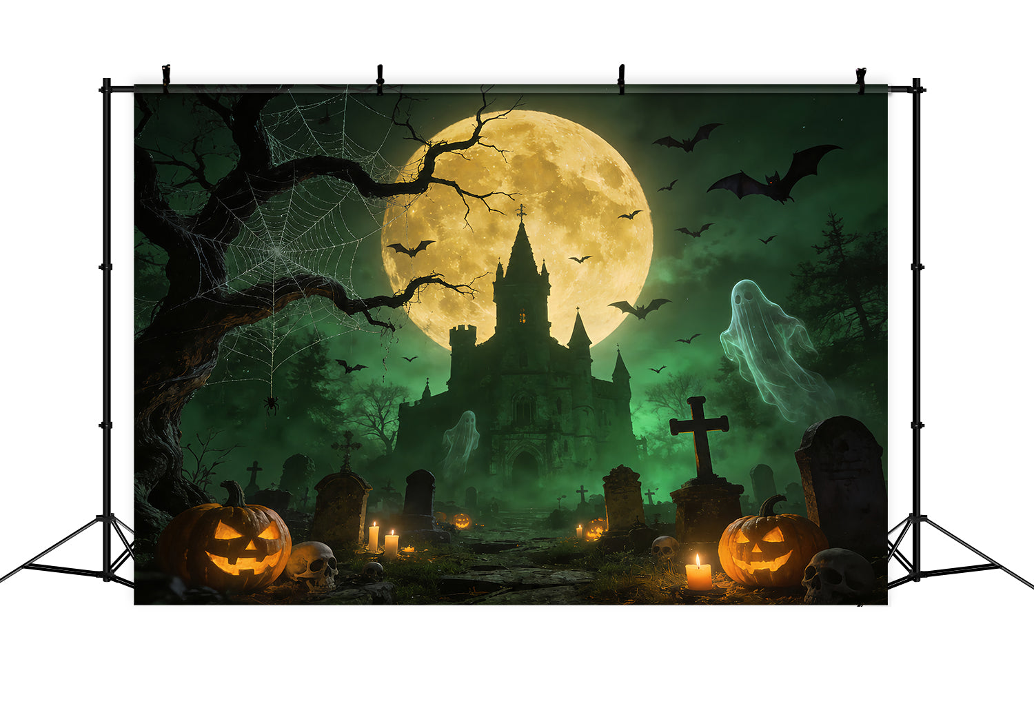 Ghost Spider Backdrop Ghostly Castle Graveyard Moon Halloween Backdrops For Pictures UK ZTT67-52