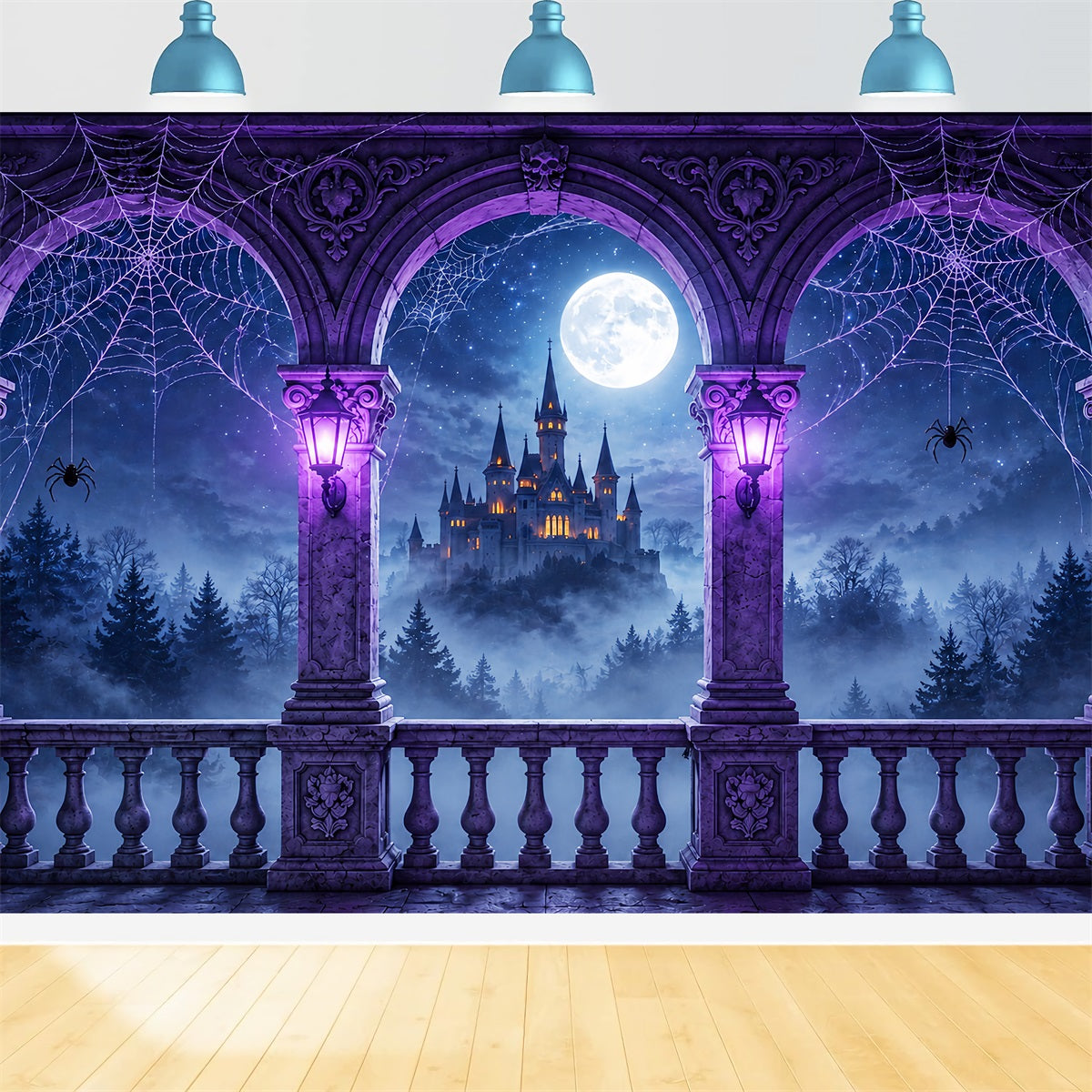 Backdrop Spider Purple Cobweb Castle Balcony Halloween Backdrop Photography UK ZTT67-54
