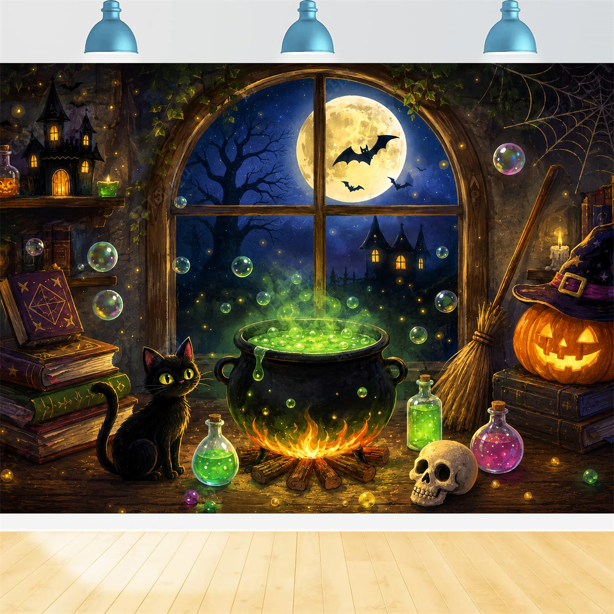 Witches Kitchen Backdrop Moonlit Witch Cauldron Cottage Simple Halloween Backdrop UK ZTT67-62