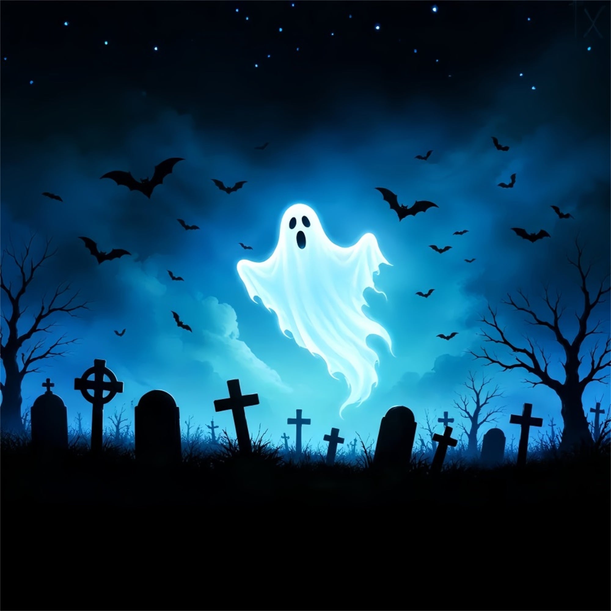 Ghost Stained Glass Backdrop Glowing Ghost Bat Graveyard Cool Halloween Backdrops UK ZTT67-66