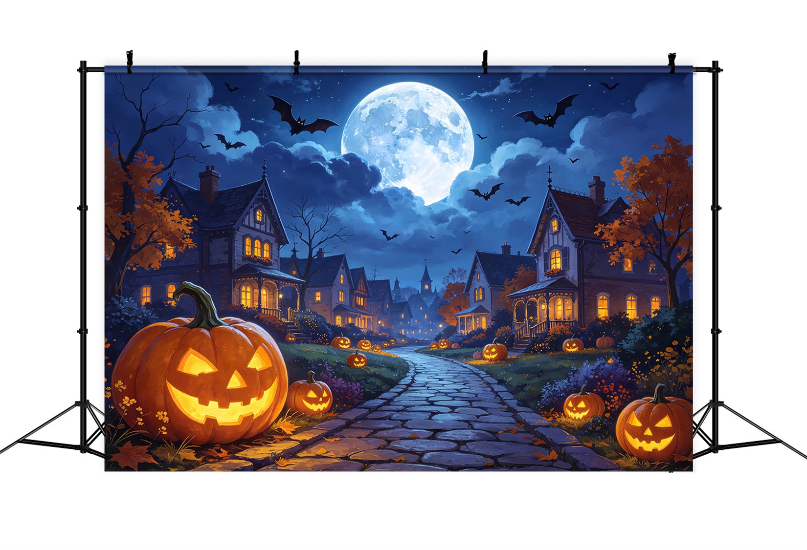 Photography Backdrops Halloween Moonlit Pumpkin Village Road Halloween Town Backdrop UK ZTT67-7