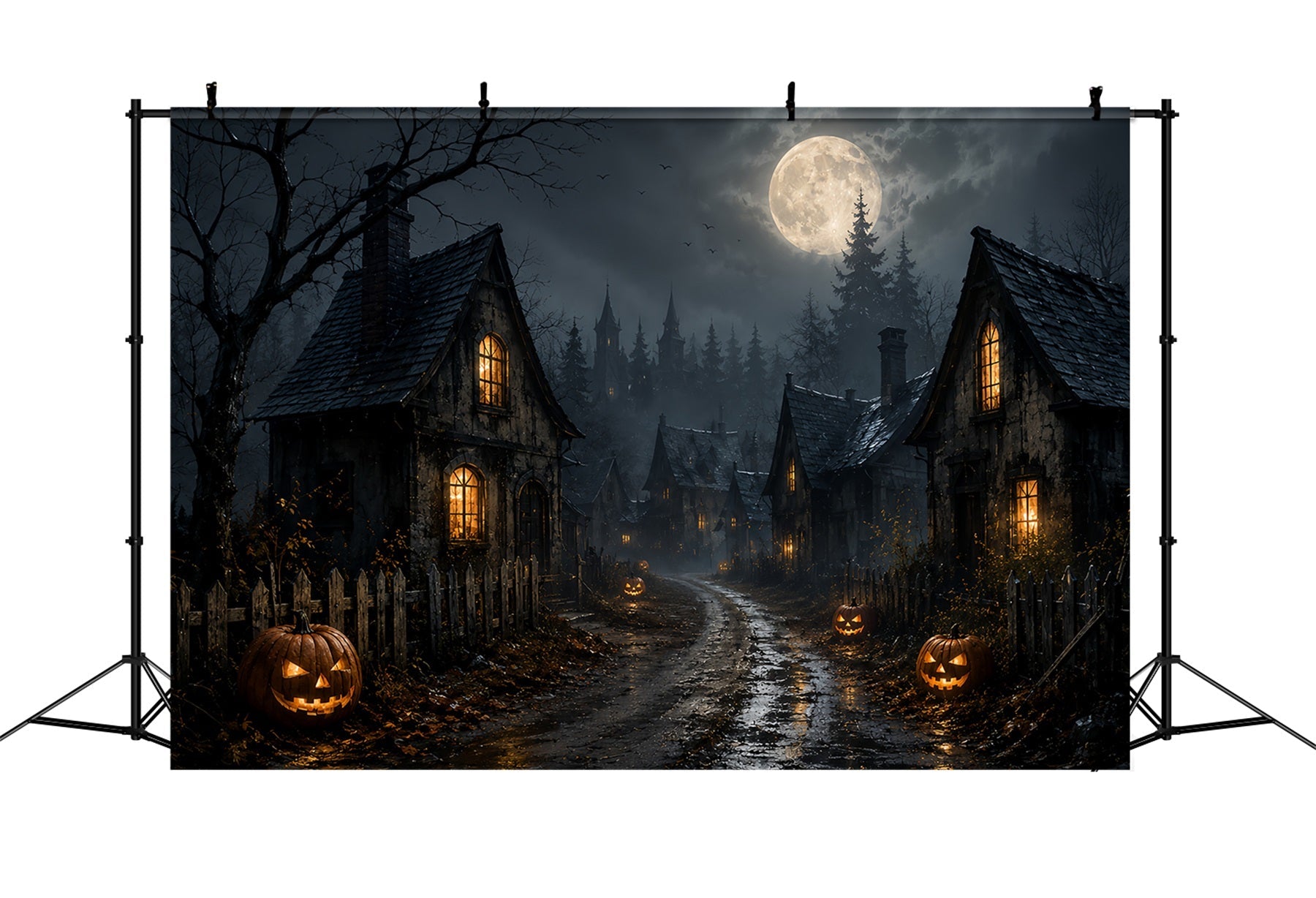 Backdrop Ghost Stained Glass Moonlit Pumpkin Village Road Lemax Spooky Town Backdrop UK ZTT67-70
