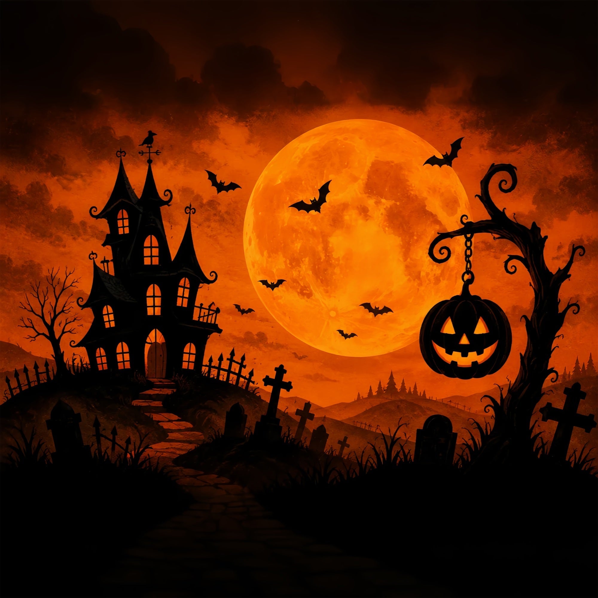 Halloween Backdrops For Pictures Orange Moon Haunted Mansion Halloween Circus Backdrop UK ZTT67-9